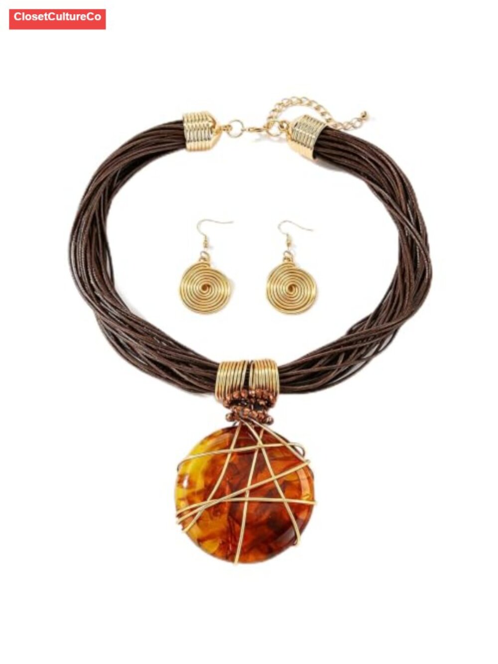 Chunky Statement Necklace Earrings Set Brown Marble Resin Bohemian